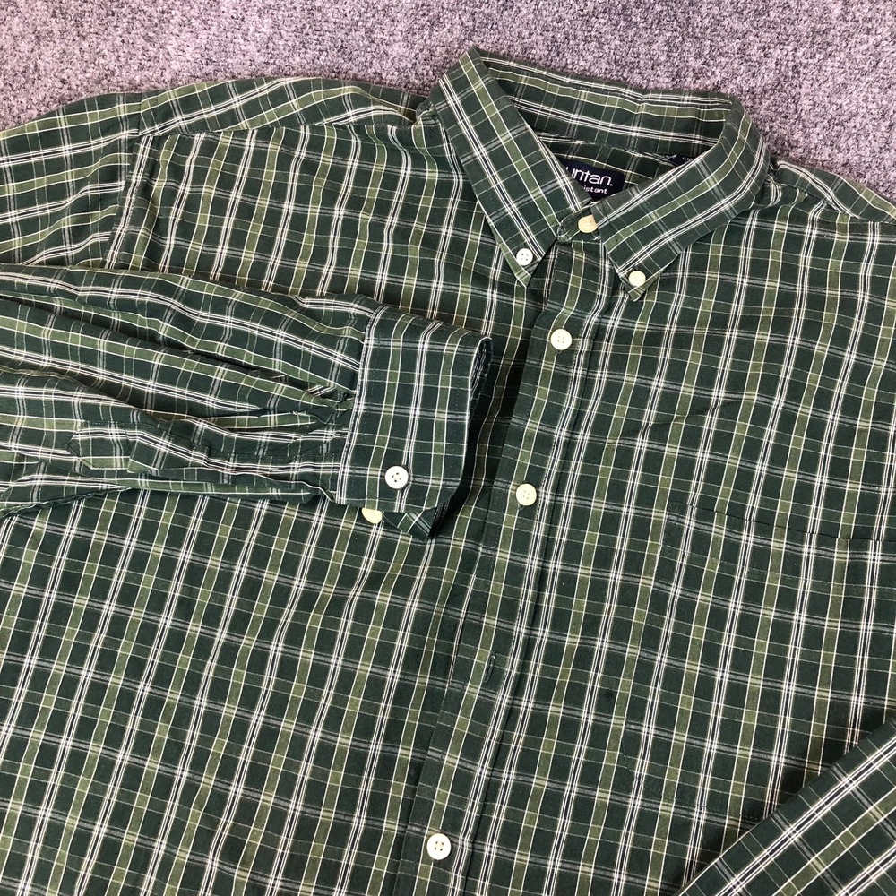 Puritan Mens Size XL Green Plaid Long Sleeve Button Down Shirt Wrinkle Resistant